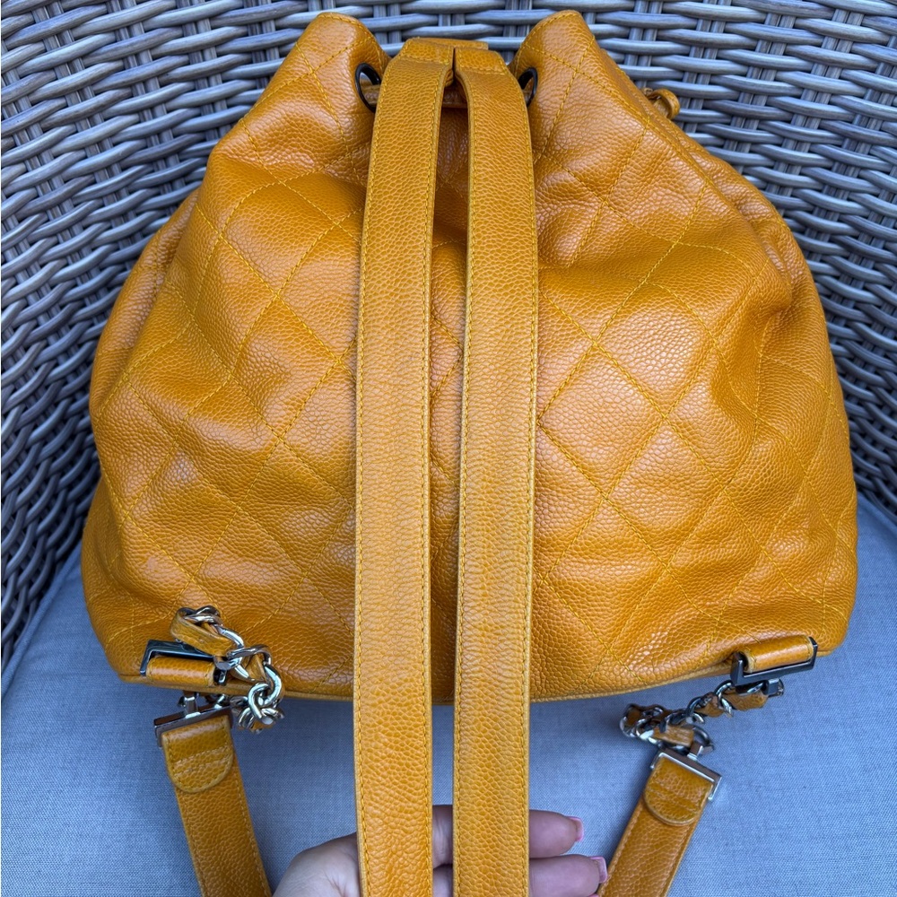 Authentic CHANEL Mustard caviar leather quilted drawstring backpack - Picture 10 of 15